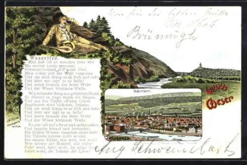 Passepartout-Lithographie Beverungen, Gesamtansicht aus der Ferne, Liedtext des Weserliedes