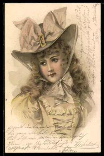 Lithographie Barockfräulein mit elegantem Hut