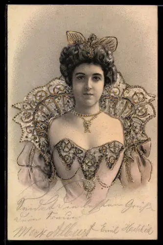 AK Junge Frau im perlenbesetzten Kleid, Jugendstil