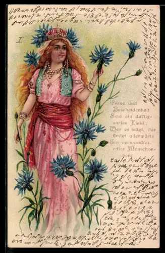 Lithographie schöne Frau steht zwischen Kornblumen