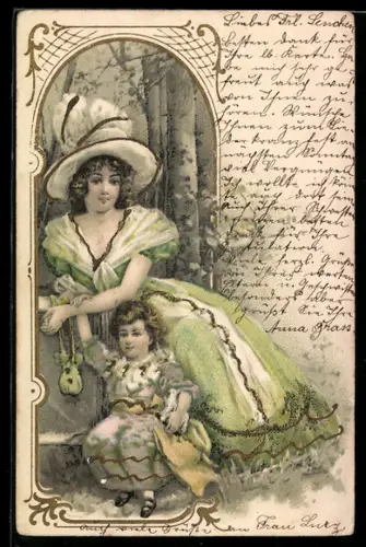 Künstler-AK Mutter und Tochter sitzen im Wald, Mutterglück