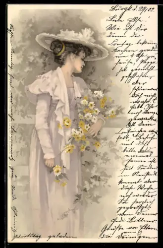 Künstler-AK Meissner & Buch (M&B) Nr.1081: Am Blütenhain, Dame mit Hut umringt von Blumen