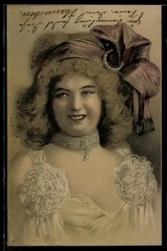 Lithographie Lächelnde Dame mit opulenter Haarschleife