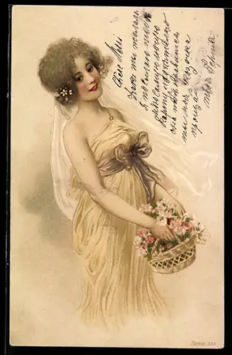 Lithographie Maid mit Blumenkorb