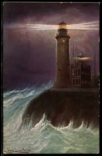 Künstler-AK Arkona, Leuchtturm bei Sturm