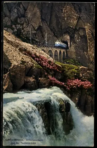 AK Gotthardstrasse, Schöllenenbahn bei der Teufelsbrücke, schweizer Eisenbahn