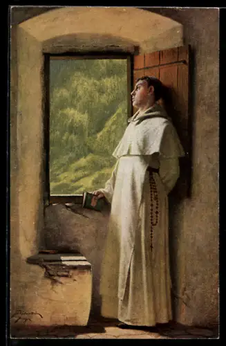 Künstler-AK Ein Sommerstrahl von Th. v. Cederström, Mönch am Fenster