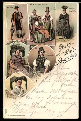 Lithographie Schwarzwälder Trachten aus Gutach, Breisgau, Neustadt und Schapbach
