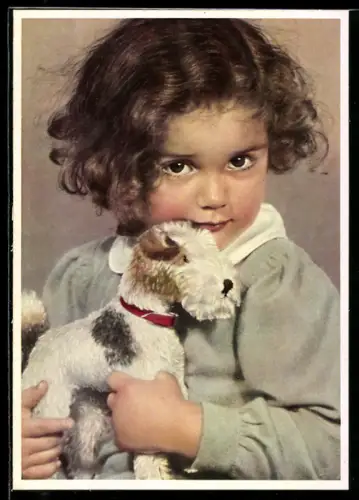 AK Mädchen mit Spielzeug-Foxterrier im Arm