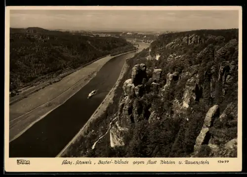 Foto-AK Walter Hahn, Dresden, NR: 13477, Sächs.Schweiz, Bastei-Wände gegen Stadt Wehlen u.Rauenstein