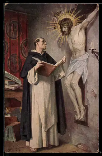 Künstler-AK sign. M. Feuerstein: Mönch vor dem gekreuzigten Jesus Christus, Schutzpatron