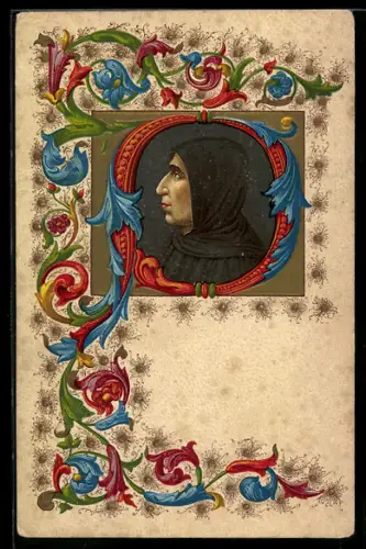 Künstler-Präge-AK Girolamo Savonarola, Portrait im hübschen Blumenarrangement
