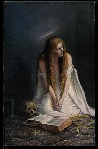 Künstler-AK sign. E. Pastor-Normann: Magdalena mit Heiligenschein und Totenschädel
