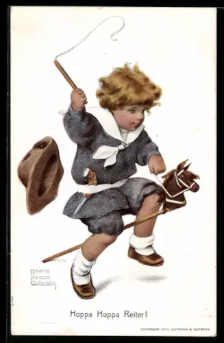 AK Kind reitet auf einem Holzpferd