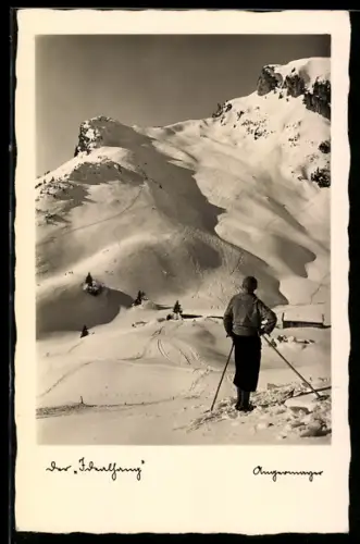 AK Ski-Fahrer schaut auf die verschneiten Berge