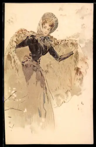 Lithographie Jugendstil, junge Frau mit haube und einem Mantel über den Schultern
