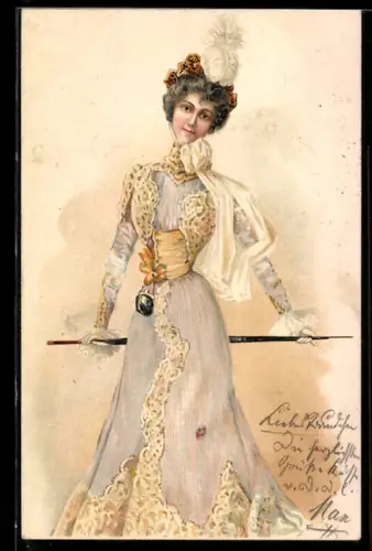 Lithographie Dame im Sommerkleid und Sonnenschirm, Jugendstil