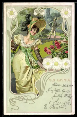 Künstler-Lithographie Ein wenig, Liebespaar im Park