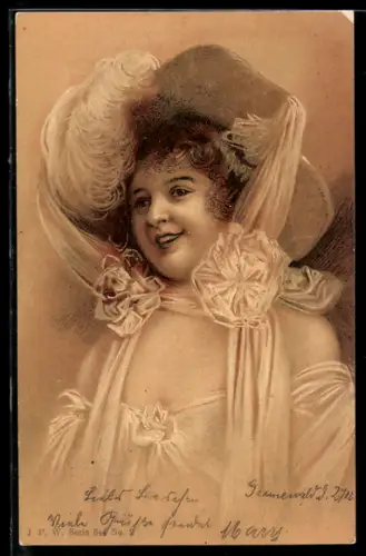 Lithographie Fräulein mit elegantem Hut