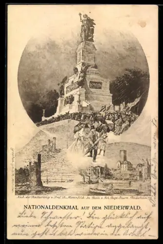 Künstler-AK Niederwald, Nationaldenkmal mit Besuchern
