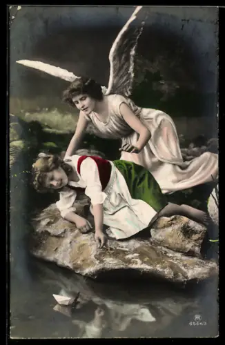 AK Schutzengel beschützt ein Mädchen mit einem Papierboot
