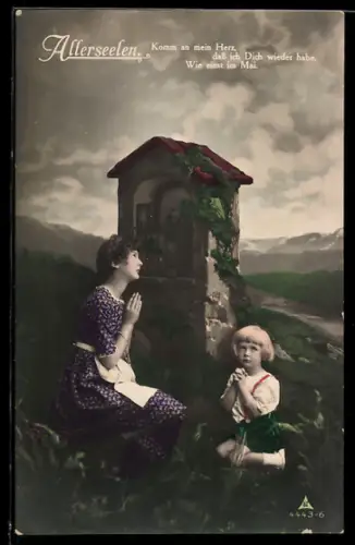 AK Geschwister beten am Grab ihrer Eltern