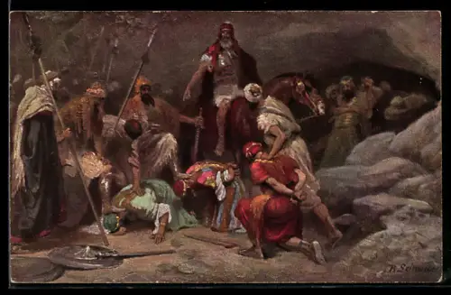 Künstler-AK Rob. Leinweber: Die heilige Schrift, Altes Testament, Josua fängt fünf Könige in der Höhle zu Makkeda