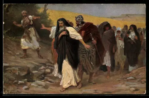 Künstler-AK David auf der Flucht vor Abschalom, Bild aus der Bibel