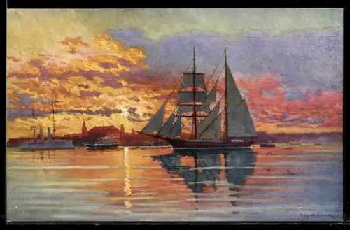 Künstler-AK Kiel, Sonnenuntergang am Kieler Hafen mit Segelschiff und Dampfer
