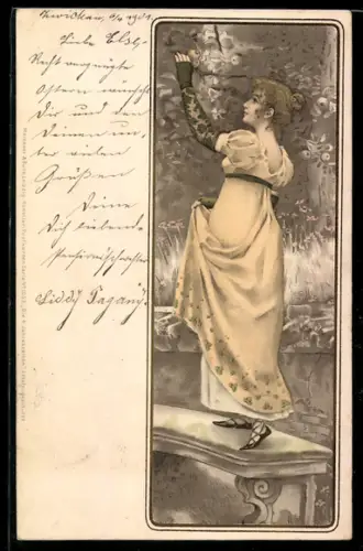 Künstler-AK Meissner & Buch (M&B) Nr.1053: Dame im Kleid pflückt einen Apfel