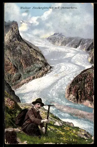 AK Wandersmann am Walliser Fieschergletscher mit Oberaarhorn