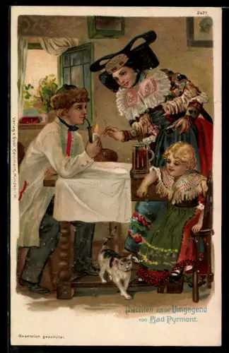 AK Mann raucht Pfeife in der Stube neben der Familie - Tracht Schaumburg-Lippe