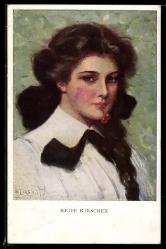 Künstler-AK Clarence F. Underwood: schönes Fräulein mit reifen Kirschen zwischen den Lippen