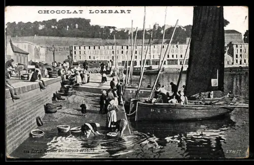 AK Brest, Arrivée des Bateaux de Pêche, Reklame Chocolat Lombart