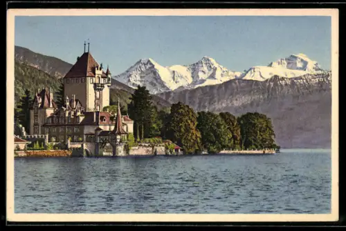 AK Oberhofen /Thunersee, Museum Schloss Oberhofen mit Eiger, Mönch und Jungfrau
