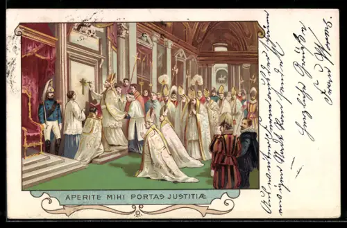 Lithographie Aperite Mihi Portas Justitiae, Papst Leo XIII. hämmert ein Kreuz an die Wand