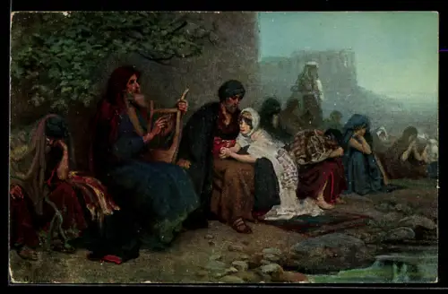 Künstler-AK Bibelszene, Wehklage der Gefangenen zu Babel, Musiker mit Lyra