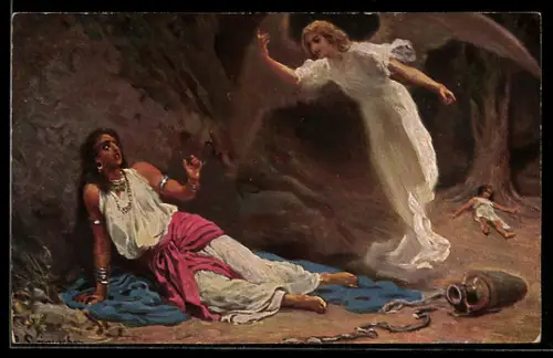 Künstler-AK Alttestamentliche Bilder, Hagar und Ismael in der Wüste