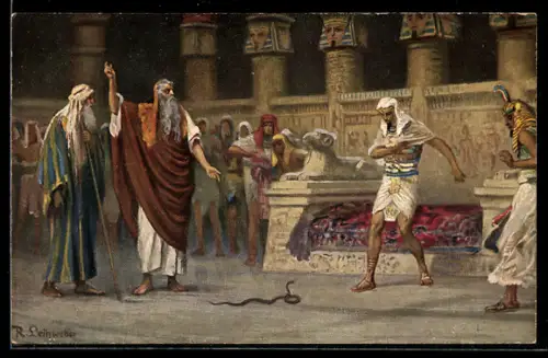 AK Serie: alttestamentliche Bilder, Moses und Jaron vor Pharao