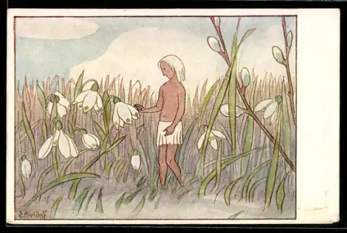 Künstler-AK Ernst Kreidolf: Maiglöckchengruss, Junge steht zwischen den Blumen