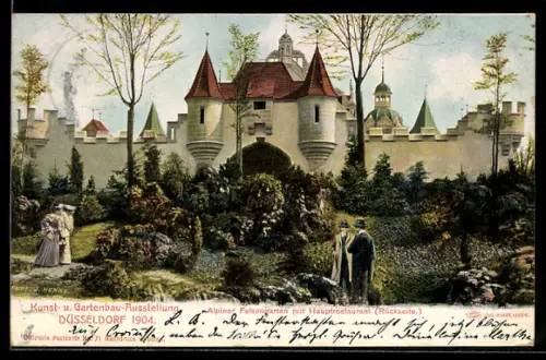 AK Düsseldorf, Kunst- u. Gartenbau-Ausstellung 1904, Alpiner Felsengarten mit Hauptrestaurant