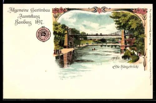 Lithographie Hamburg, Allg. Gartenbau-Ausstellung 1897, Hängebrücke