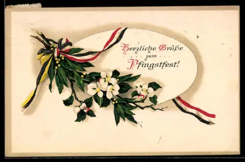 AK Kriegspfingsten, Blumenstrauss mit Schleife in Farben der Mittelmächte
