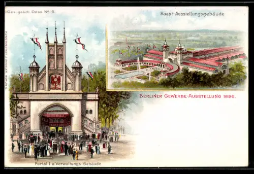 Lithographie Berlin, Gewerbe-Ausstellung 1896, Portsal I und Verwaltungsgebäude, Hauptausstellungsgebäude