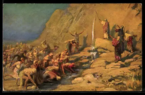 Künstler-AK Bibelsene, Moses schlägt Wasser aus dem Felsen