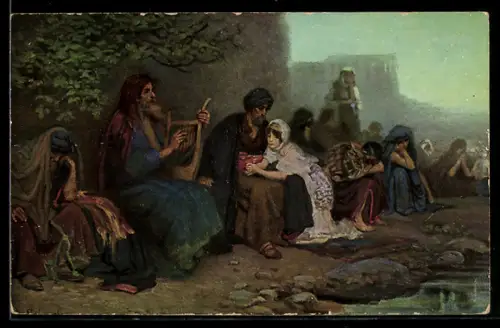 Künstler-AK Bibelszene, Wehklage der Gefangenen zu Babel, Musiker mit Lyra