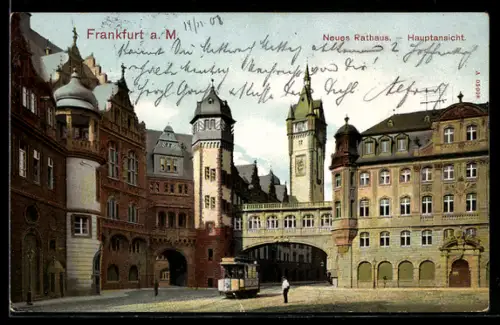 AK Frankfurt a. M., Partie am Neuen Rathaus mit Strassenbahn