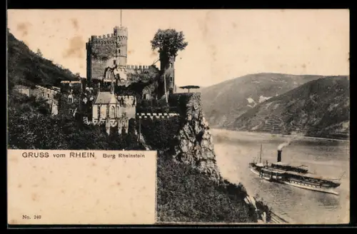 AK Burg Rheinstein mit Dampfer