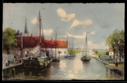 Künstler-AK Meissner & Buch (M&B) Nr.2357: Boote am Hafen