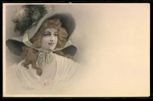 Künstler-AK Wichera: Frau mit Hut lächelt